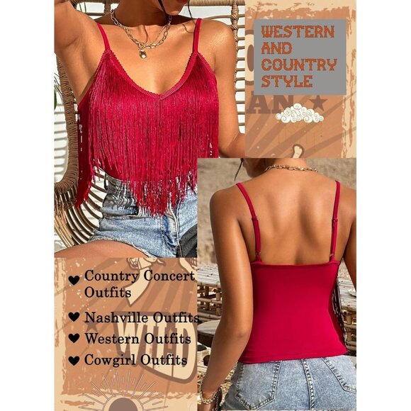 Women's Red Fringe Tank Top Western Festival Clothing Cowgirl V Neck Outfits - Picture 3 of 6
